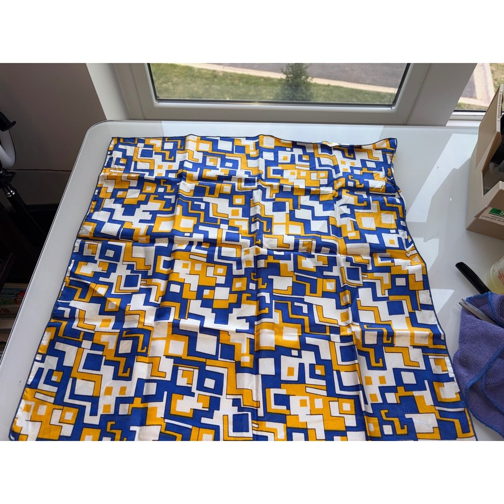 Geometric Silk Scarf Blue White Gold Abstract Pattern 21x21 Square Neck Scarf